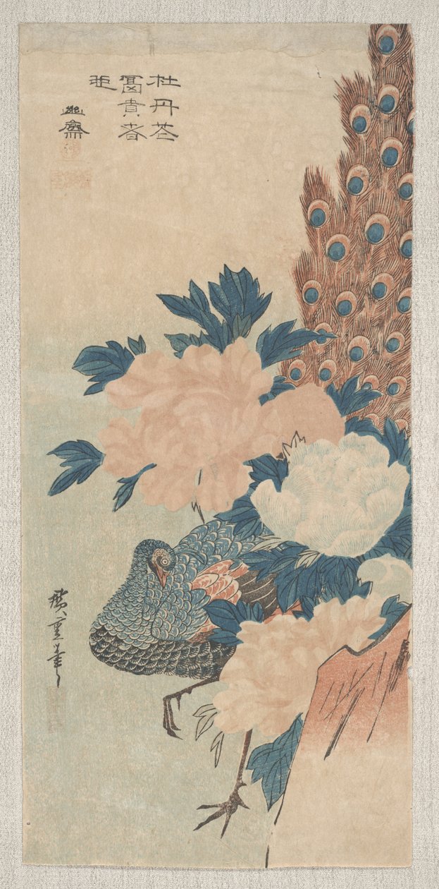 Påfugl og peoner, ca. 1830 av Utagawa Hiroshige