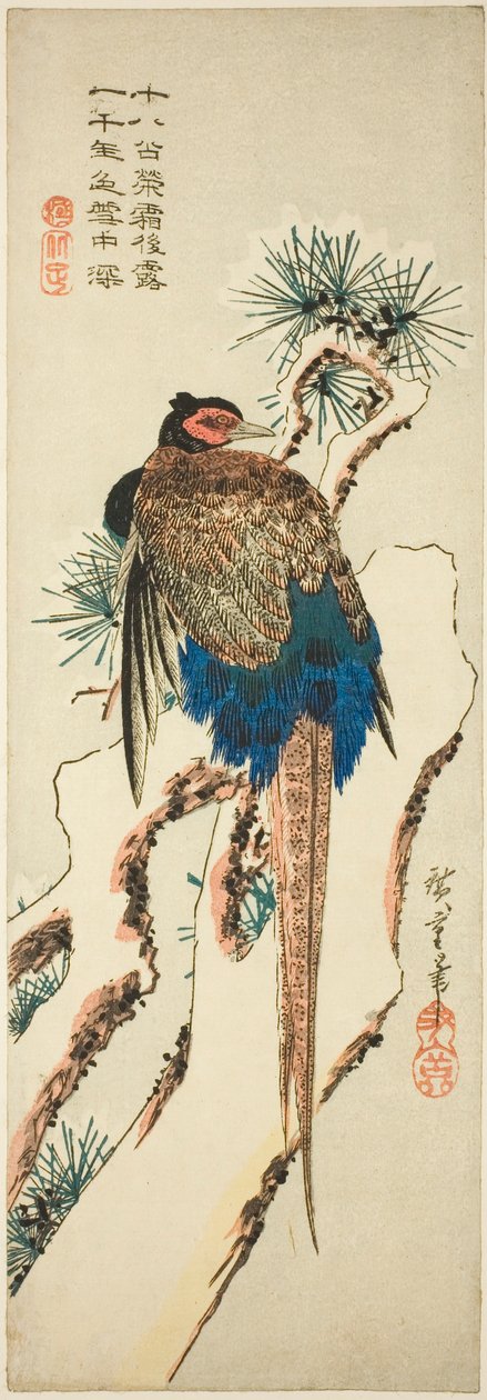 Fasan på et snødekt furutre av Utagawa Hiroshige