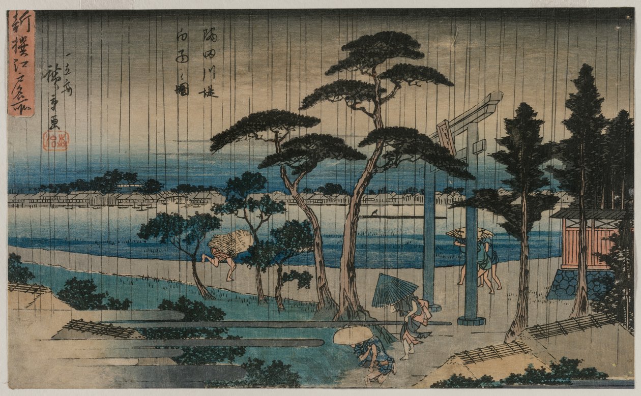 Bilde av lett regn på bredden av Sumida-elven, fra serien A New Selection of Famous Places in Edo av Utagawa Hiroshige