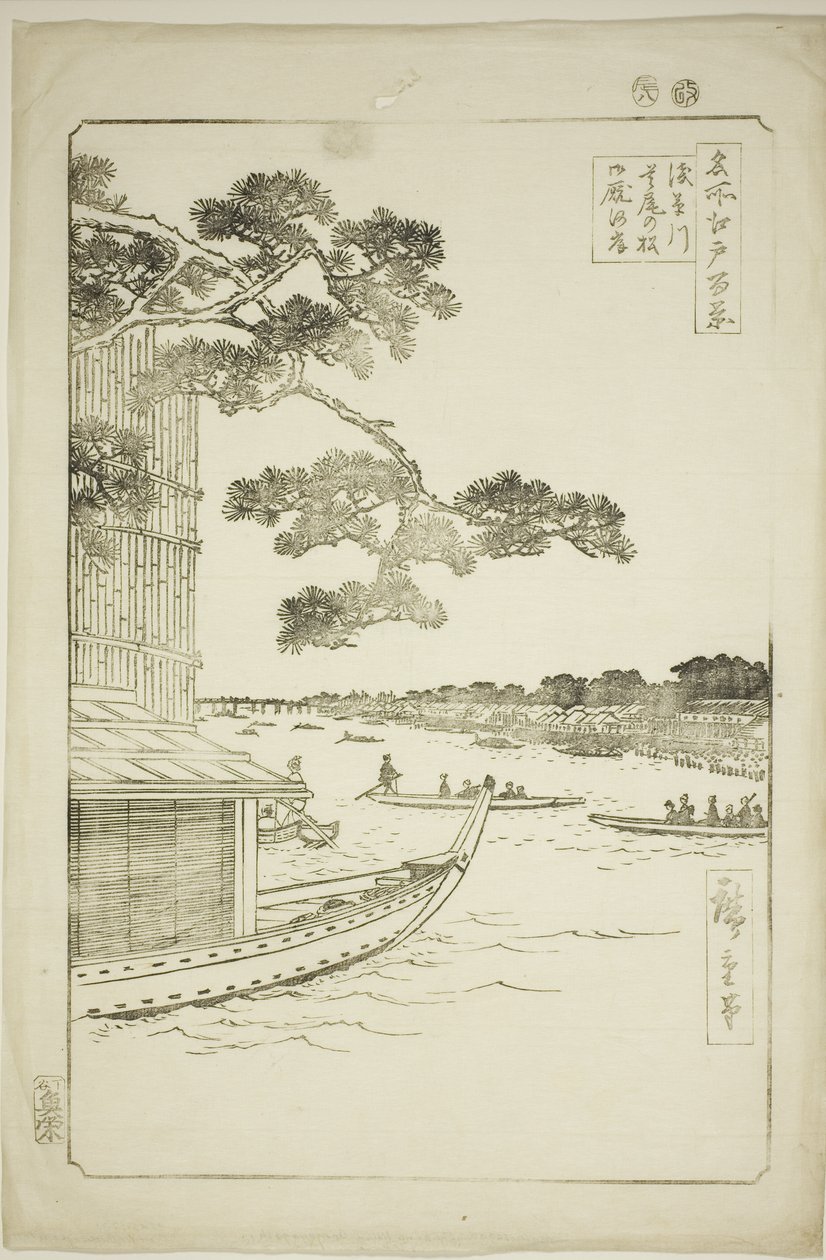 Pine f Sutto s Plan d Umaya, Asakusa River (Asakusa River forsvar furuhester og sult), One Hundred Views of Edo)" av Utagawa Hiroshige