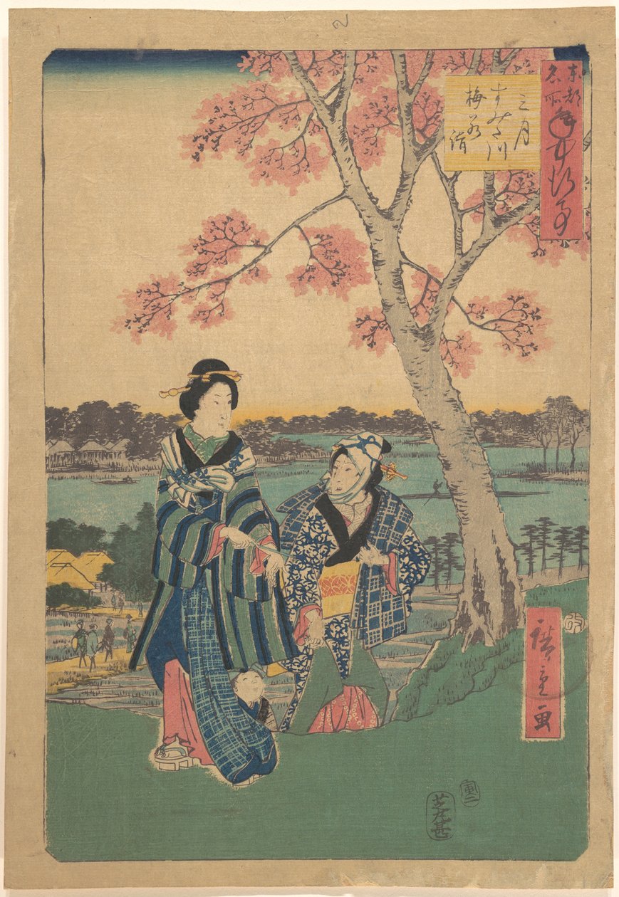 Plommeblomstring i den tredje måneden ved Sumida-elven, fra serien Årlige begivenheter på berømte steder i den østlige hovedstaden (Tōto meisho nenjū gyōji sangatsu sumitagawa waka mōde) av Utagawa Hiroshige