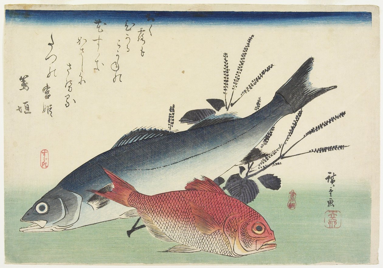 Red Snapper, Sea Bass og Perilla, ca. 1840 av Utagawa Hiroshige