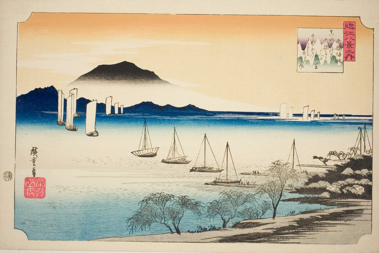 Retsu r Ning Sails at Yabase (Yabase no Kihan), fra serien "Eight ws of Omi" av Utagawa Hiroshige
