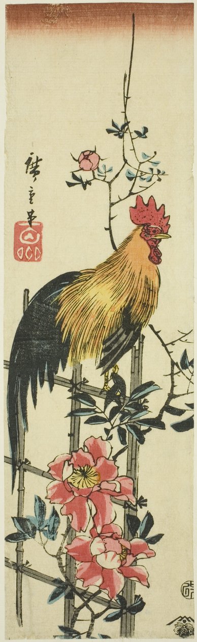 Hane satt på roseespalier av Utagawa Hiroshige