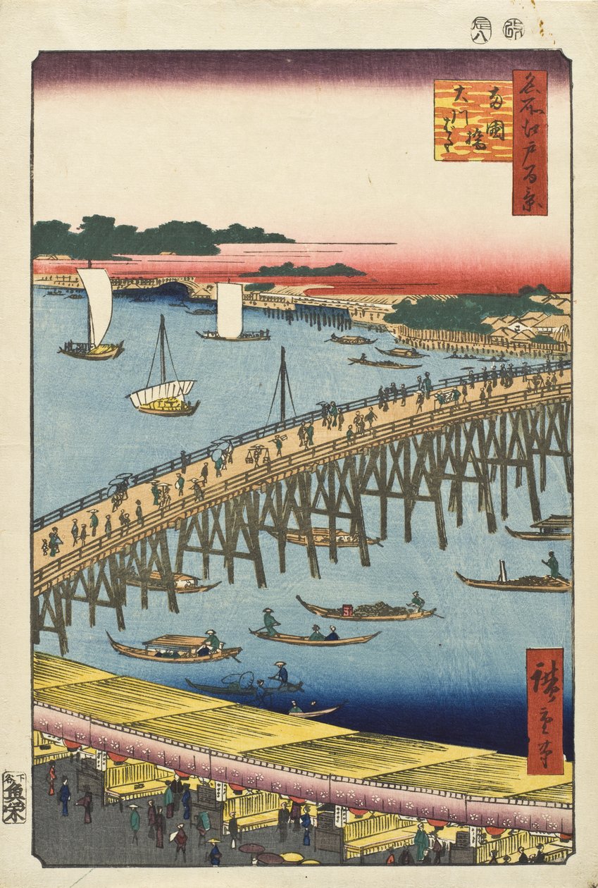 Ryōgoku-broen og den store elvebredden av Utagawa Hiroshige