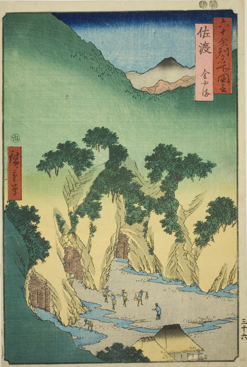 Sado Province: Gold Mines (Sado, Kinzan), fra serien "Famous Places in the Sixty-odd Provinces (Rokujuyoshu meisho zue)" av Utagawa Hiroshige