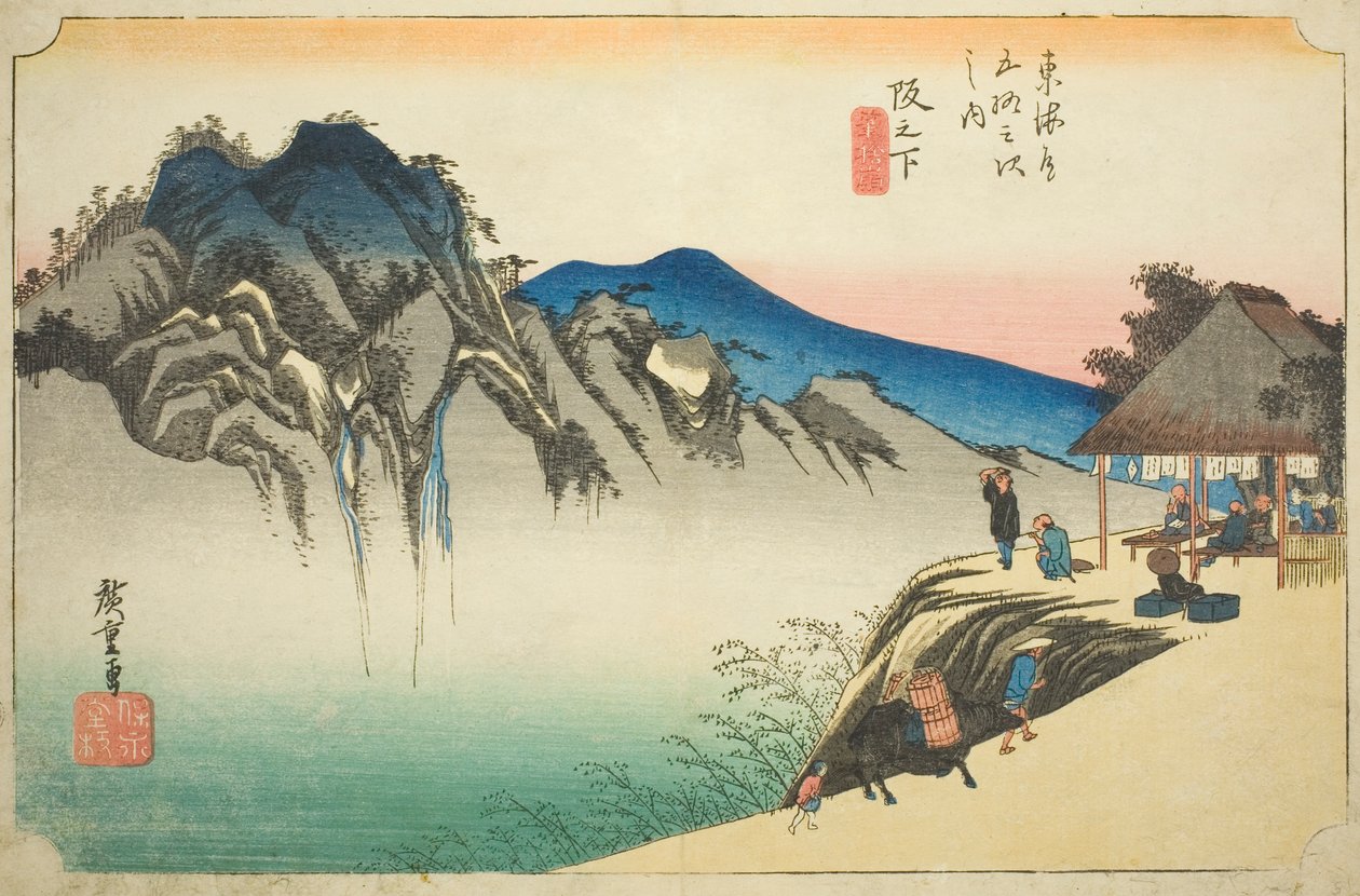Sakanoshita: Peak of Fudesute Mountain (Sakanoshita, Fudesute-gruven), fra serien "Fifty-three Stations of the Tokaido (Tokaido gojusan tsugi no uchi)," også kjent som Hoeido Tokaido av Utagawa Hiroshige