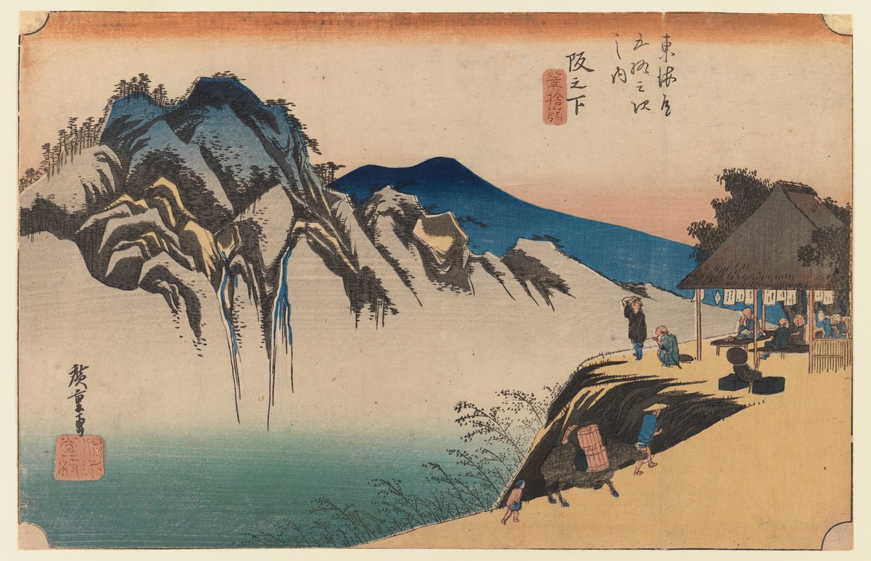 Sakanoshita: the Throwing Away the Brush Peak, plate 49 i den første Tokaido-serien, ca. 1834 (treblokktrykk i farger) av Utagawa Hiroshige
