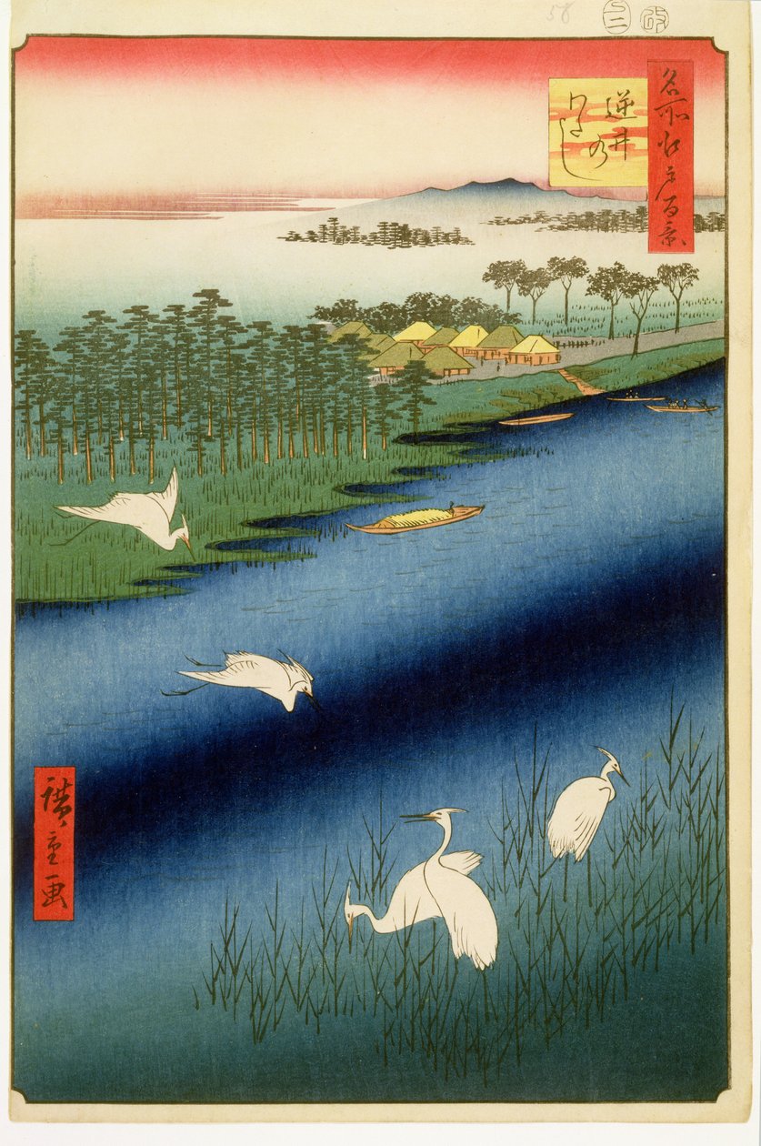 Sakasai Ferry, plate 67 fra serien One Hundred Famous Views of Edo, Edo Period, Ansei Era, 1857 (treblokktrykk) av Utagawa Hiroshige