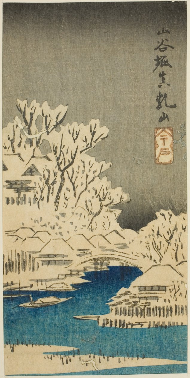 Sanya Canal og Matsuchi Hill (Sanyabori Matsuchiyama), del av et ark fra serien "Cutouts of Famous Places in Edo (Harimaze Koto meisho)" av Utagawa Hiroshige