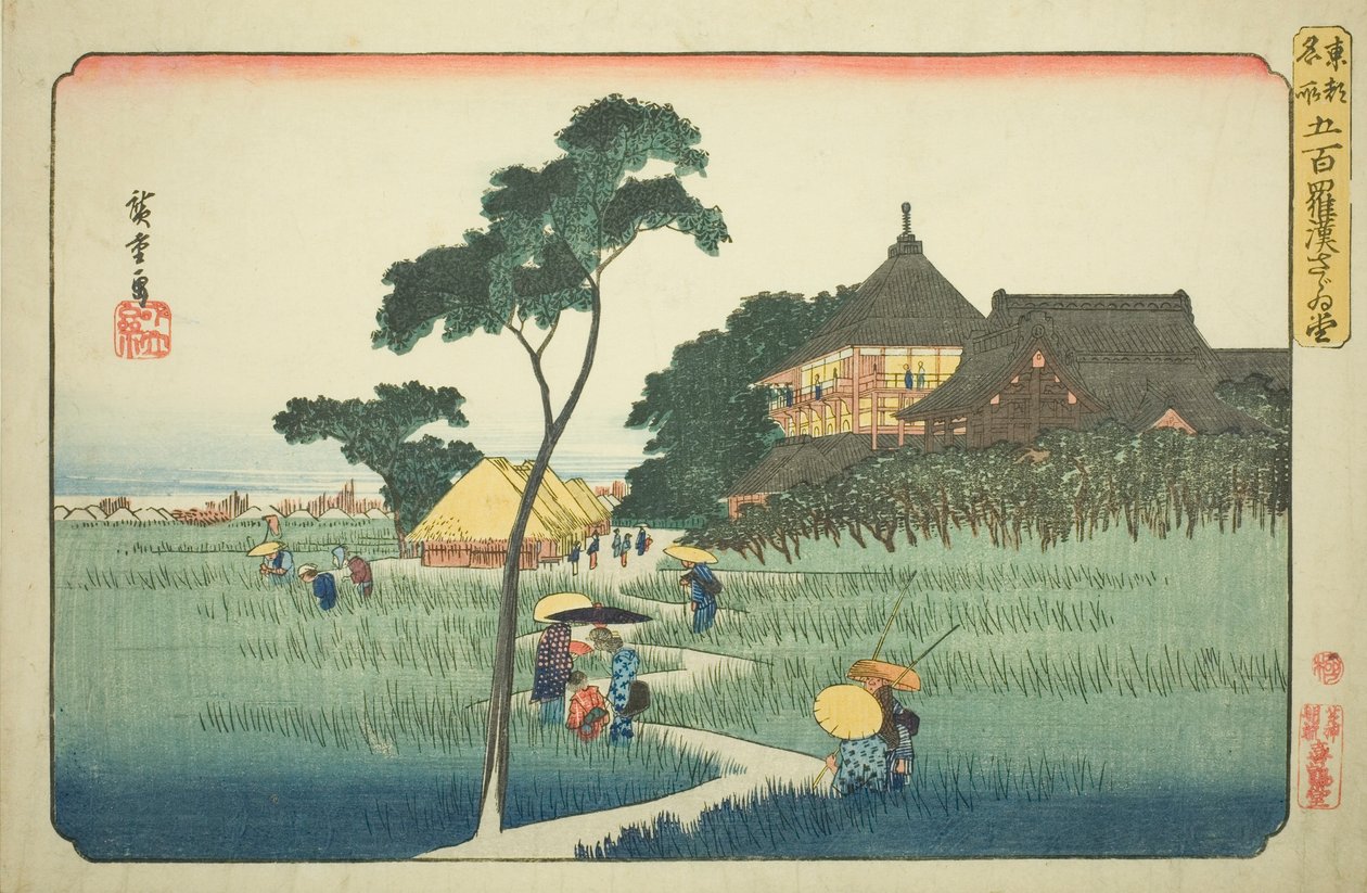 Sazai Hall ved Temple of the Five Hundred Arhats (Gohyaku rakan Sazaido), fra serien "Famous Places in the Eastern Capital (Toto meisho)" av Utagawa Hiroshige