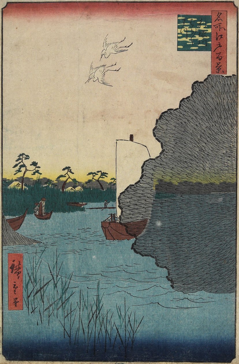 Spredte Pines langs Tone River, august 1856 av Utagawa Hiroshige