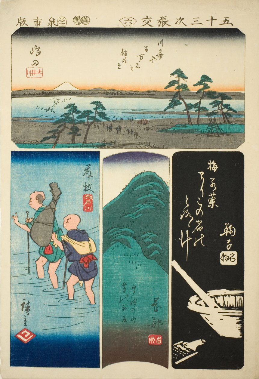 Shimada, Fujieda, Okabe og Mariko, nei. 6 fra serien "Cutouts of the Fifty-three Stations (Gojusan tsugi harimaze)" av Utagawa Hiroshige