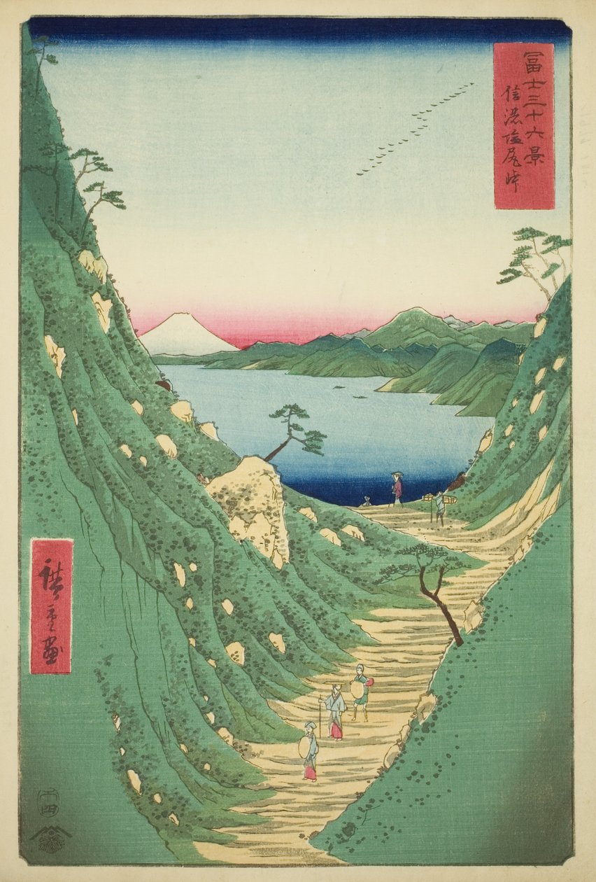 Shiojiri Pass i Shinano-provinsen (Shinano Shiojiri toge), fra serien "Thirty-six Views of Mount Fuji (Fuji sanjurokkei)" av Utagawa Hiroshige