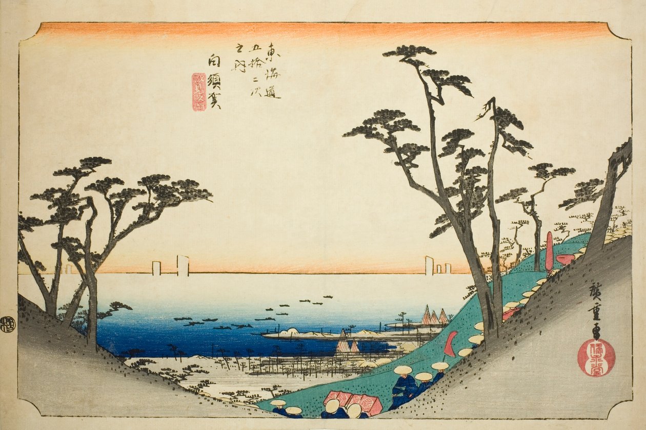 Shirasuka: View of Shiomi Slope (Shirasuka, Shiomizaka zu), from the series "Fifty-three Stations of the Tokaido (Tokaido gojusan tsugi no uchi)," also known as the Hoeido Tokaido   1278025   no       norwegian Successfully Translated  Original: Couronneme av Utagawa Hiroshige