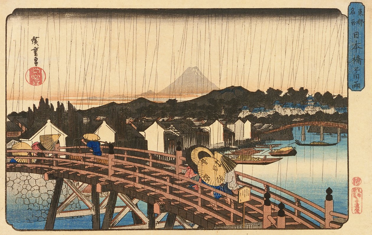 Dusj ved Nihonbashi-broen, 1832-34 (farget treblokktrykk) av Utagawa Hiroshige