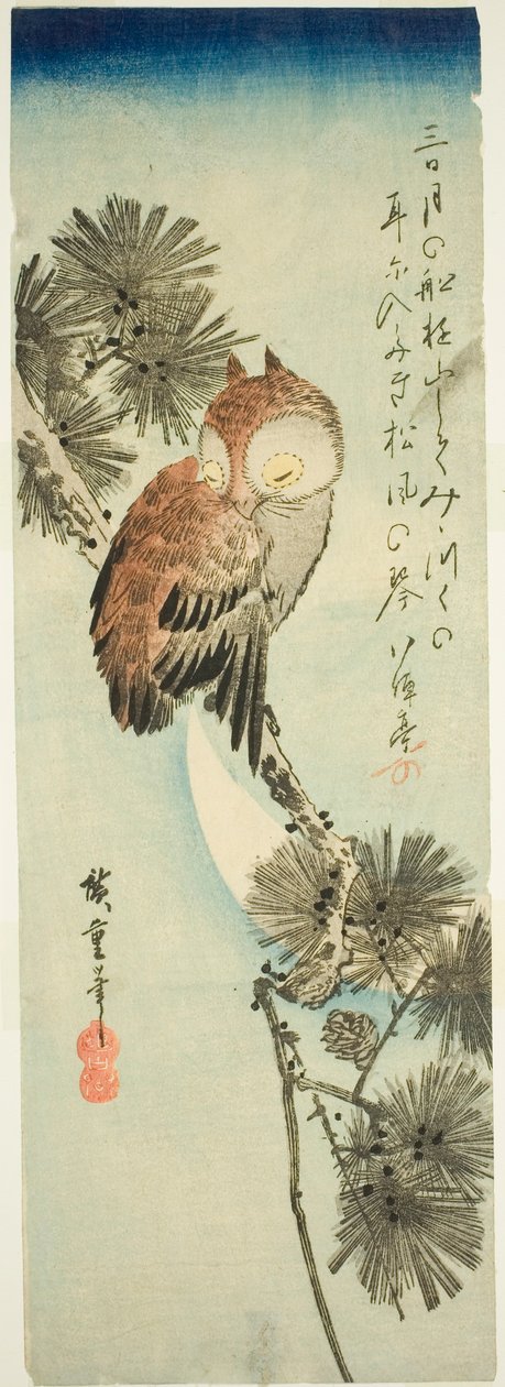 Småhornugle, furu og halvmåne av Utagawa Hiroshige