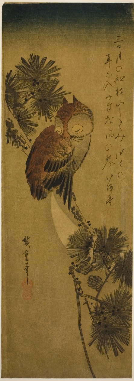Småhornugle, furu og halvmåne av Utagawa Hiroshige