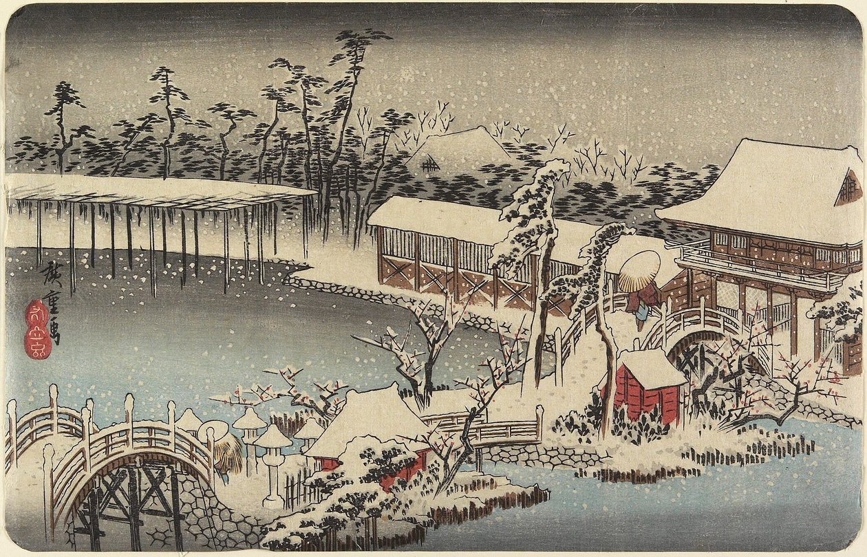 Snø ved helligdommen til Kameido Tenman, 1832-1834 av Utagawa Hiroshige