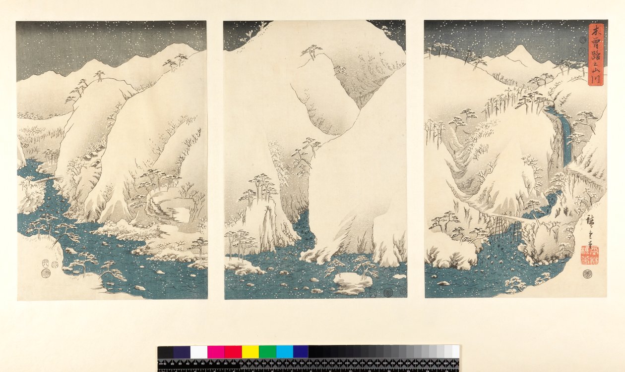 Snøstorm i fjellene og elvene i Kiso, (sanmaitsuzuki - triptyk, yoko-e - horisontalt format, farget treblokktrykk) av Utagawa Hiroshige