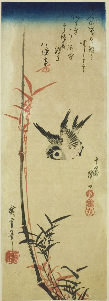 Spurv og bambus av Utagawa Hiroshige