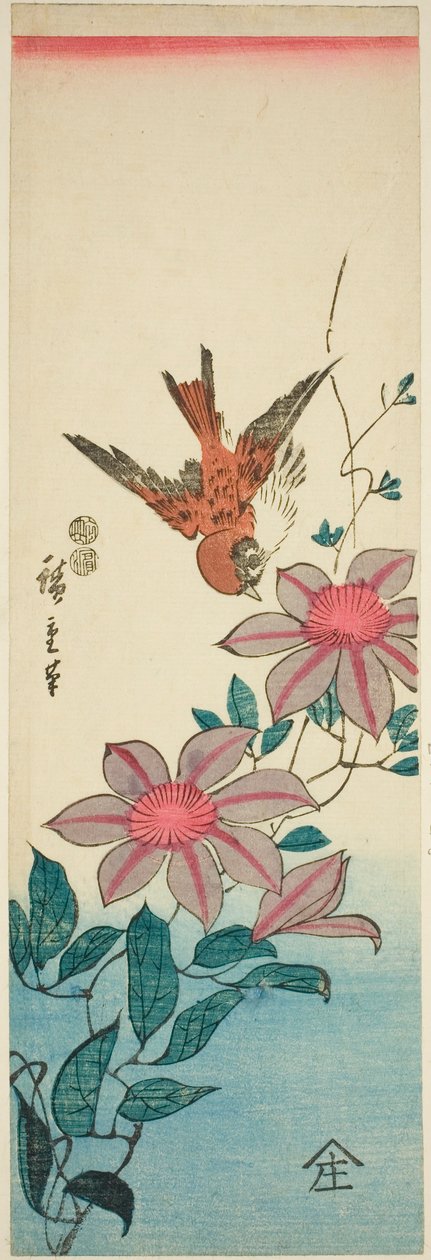 Spurv og klematis av Utagawa Hiroshige