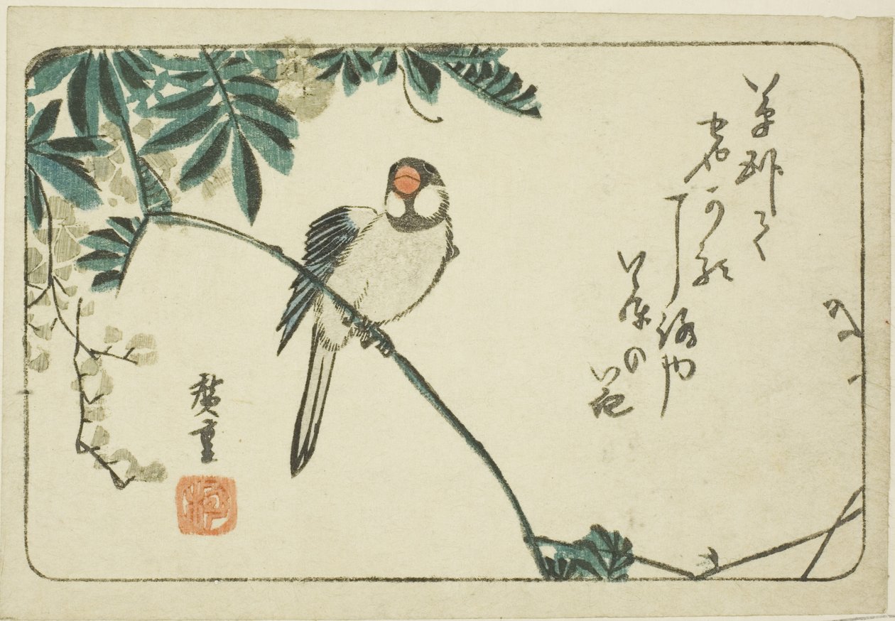 Spurv og blåregn av Utagawa Hiroshige