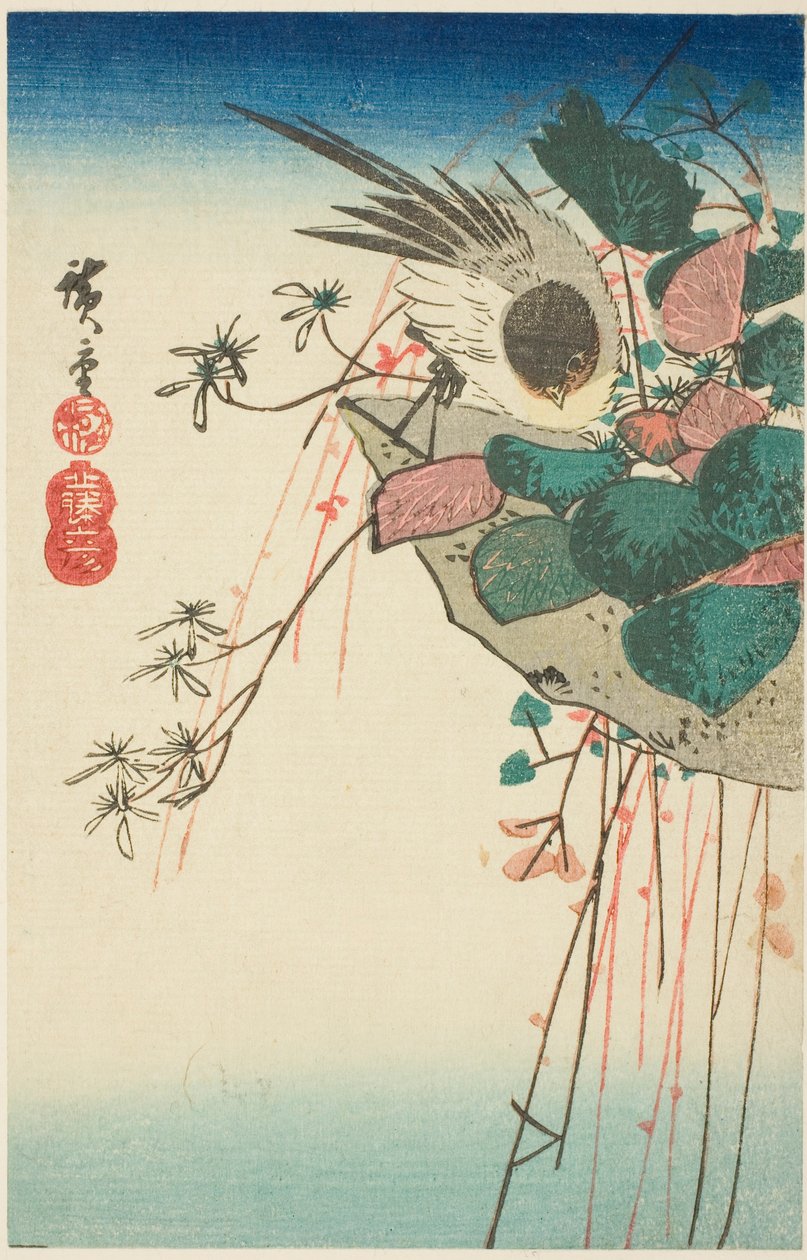 Spurv på en hengende plantekasse av Utagawa Hiroshige