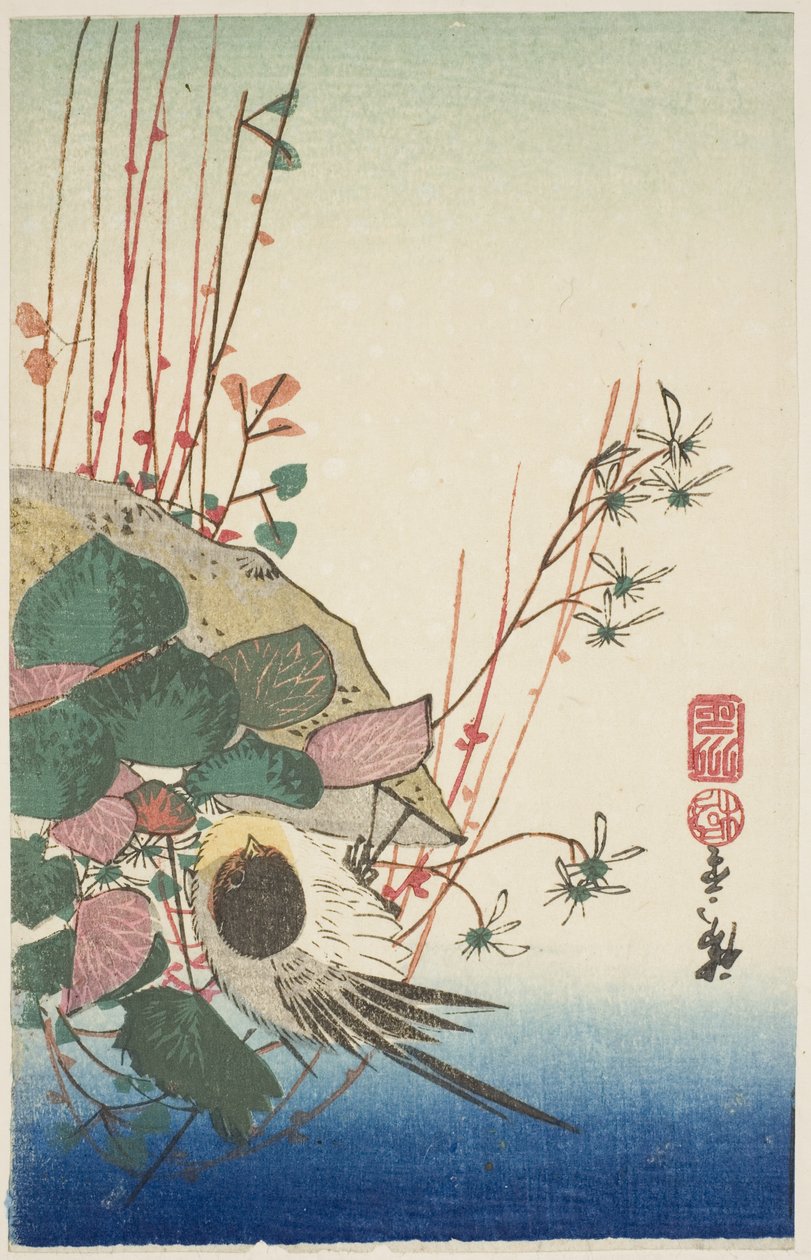 Spurv på en hengende plantekasse av Utagawa Hiroshige