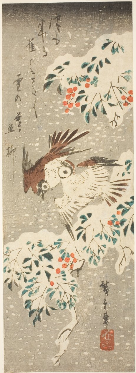 Sparrows flirter om snødekte Nandina mens mer snø faller av Utagawa Hiroshige