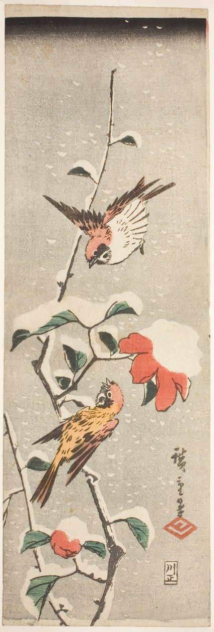 Spurver og Camellia i snø av Utagawa Hiroshige