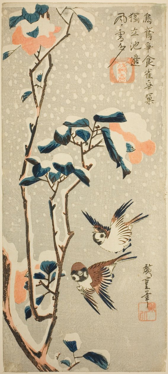 Spurver og kamelia i snø av Utagawa Hiroshige