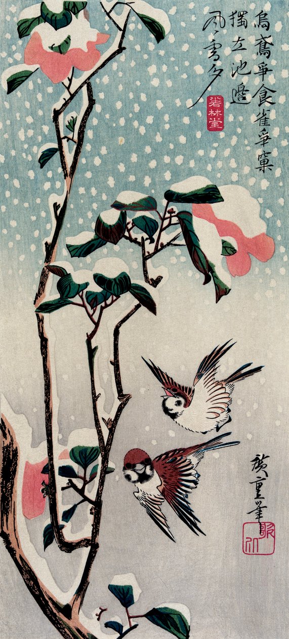 Spurver og kameliaer i snøen, 1830-årene. av Utagawa Hiroshige