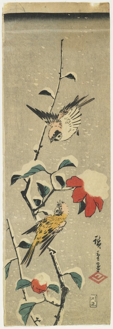 Sparrows and Snowy Camellia, 1837-1848 av Utagawa Hiroshige