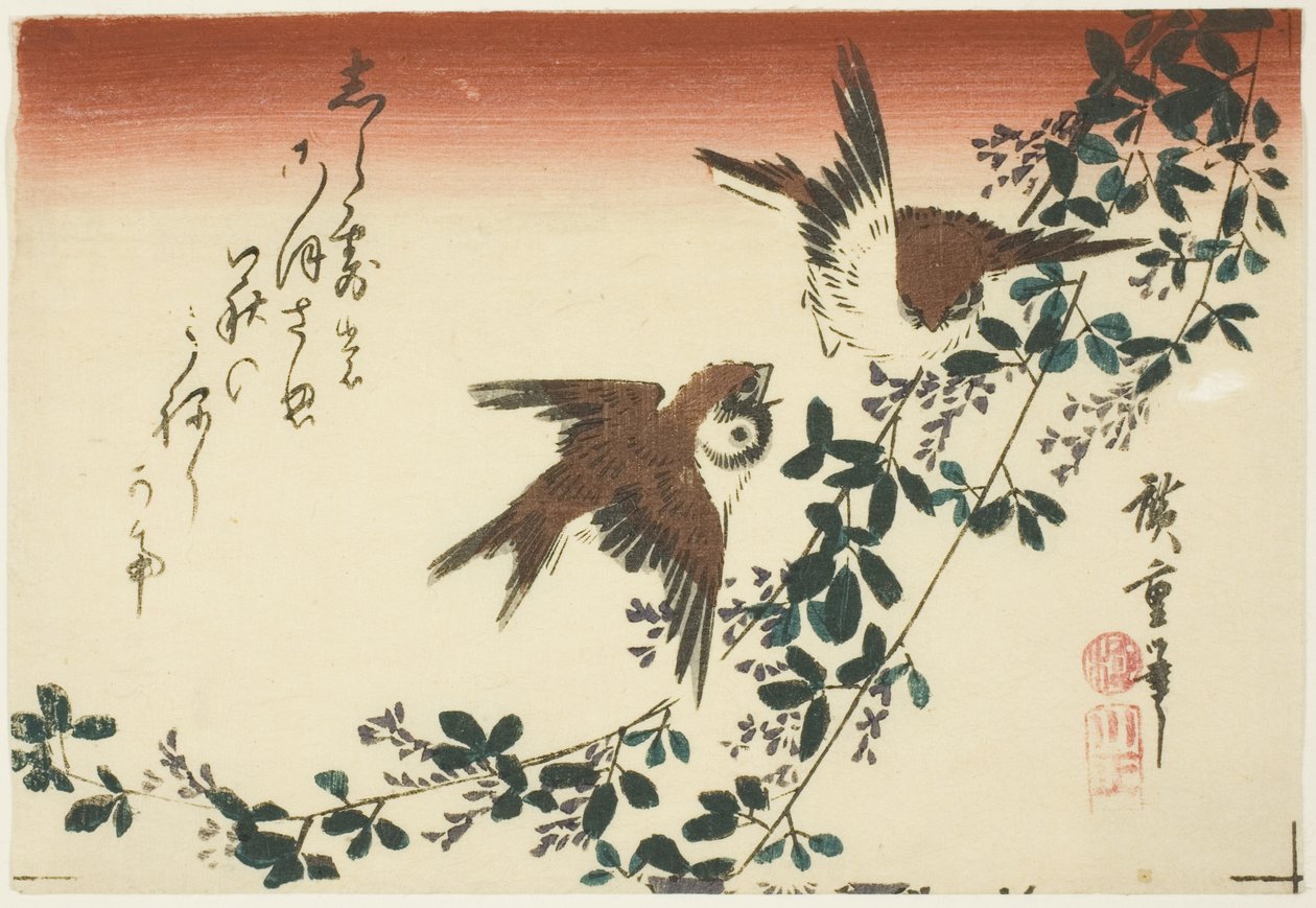 Spurver og buskløver av Utagawa Hiroshige