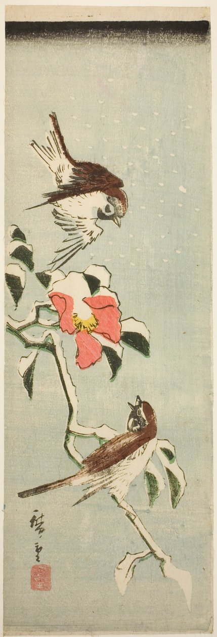 Spurver og kamelia i snø av Utagawa Hiroshige