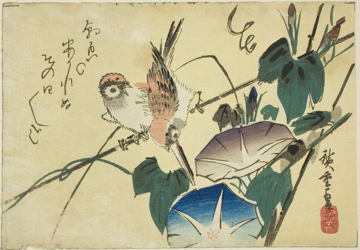 Spurver og morgenfruer av Utagawa Hiroshige