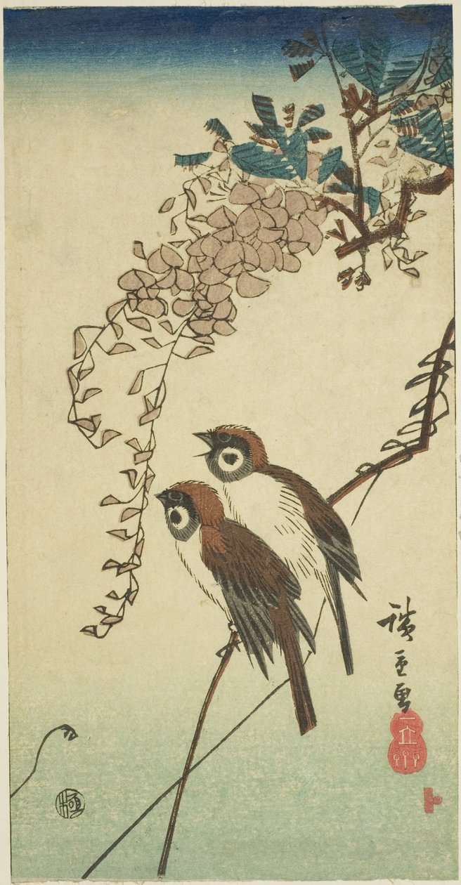 Spurver og blåregn av Utagawa Hiroshige