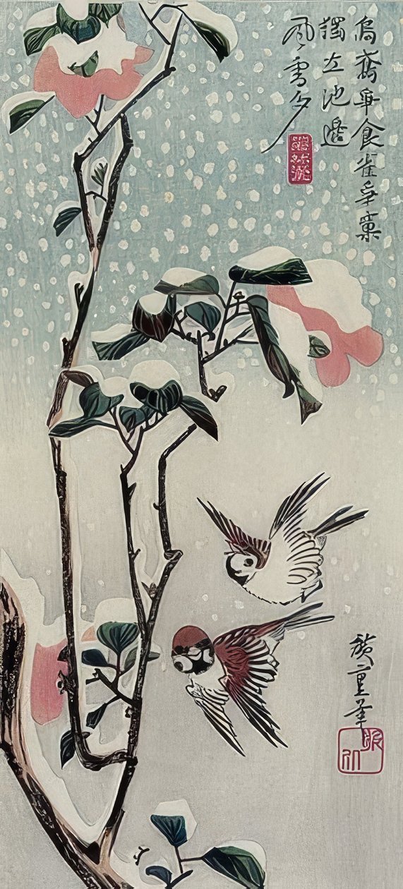 Spurver og kameliaer i snøen av Utagawa Hiroshige