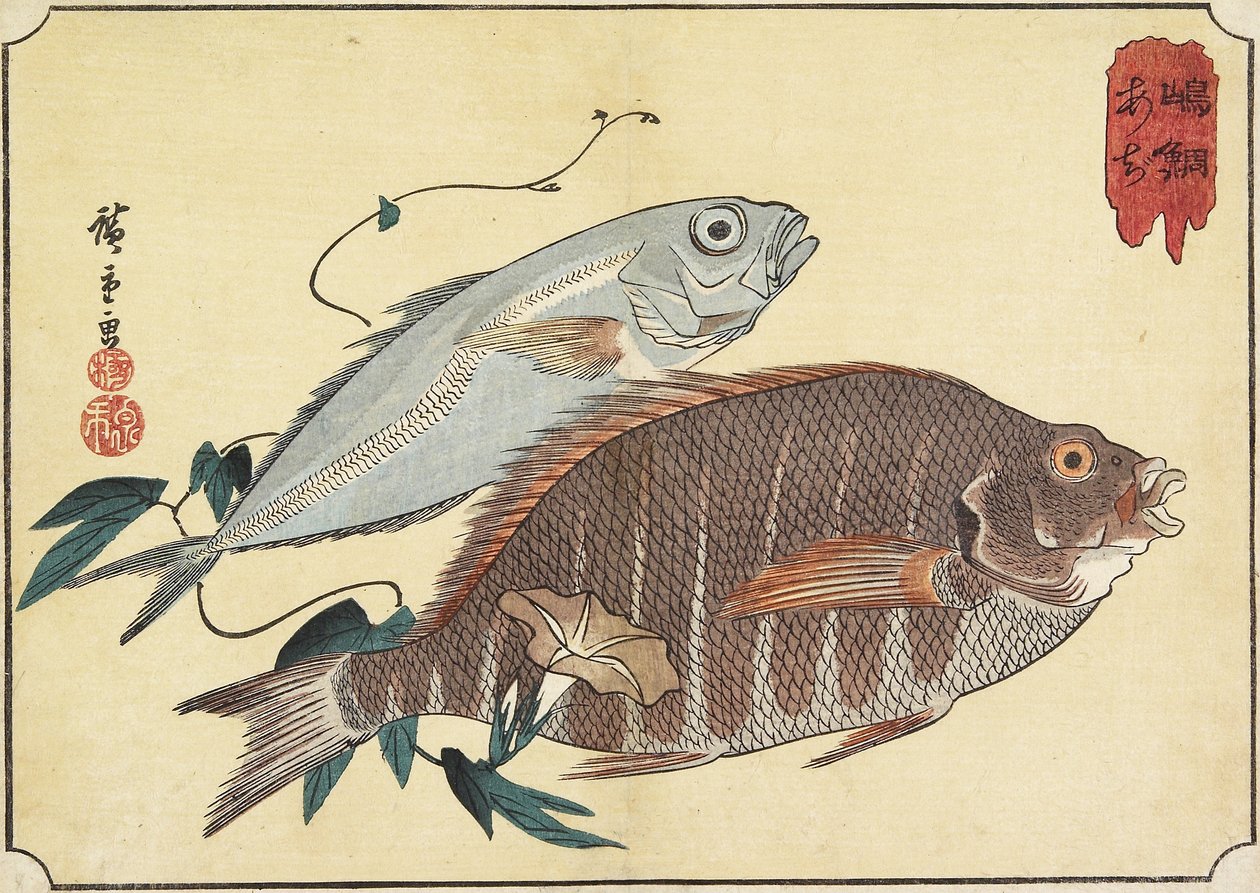 Stripete Snapper og Horse Makrell, tidlig på 1800-tallet av Utagawa Hiroshige