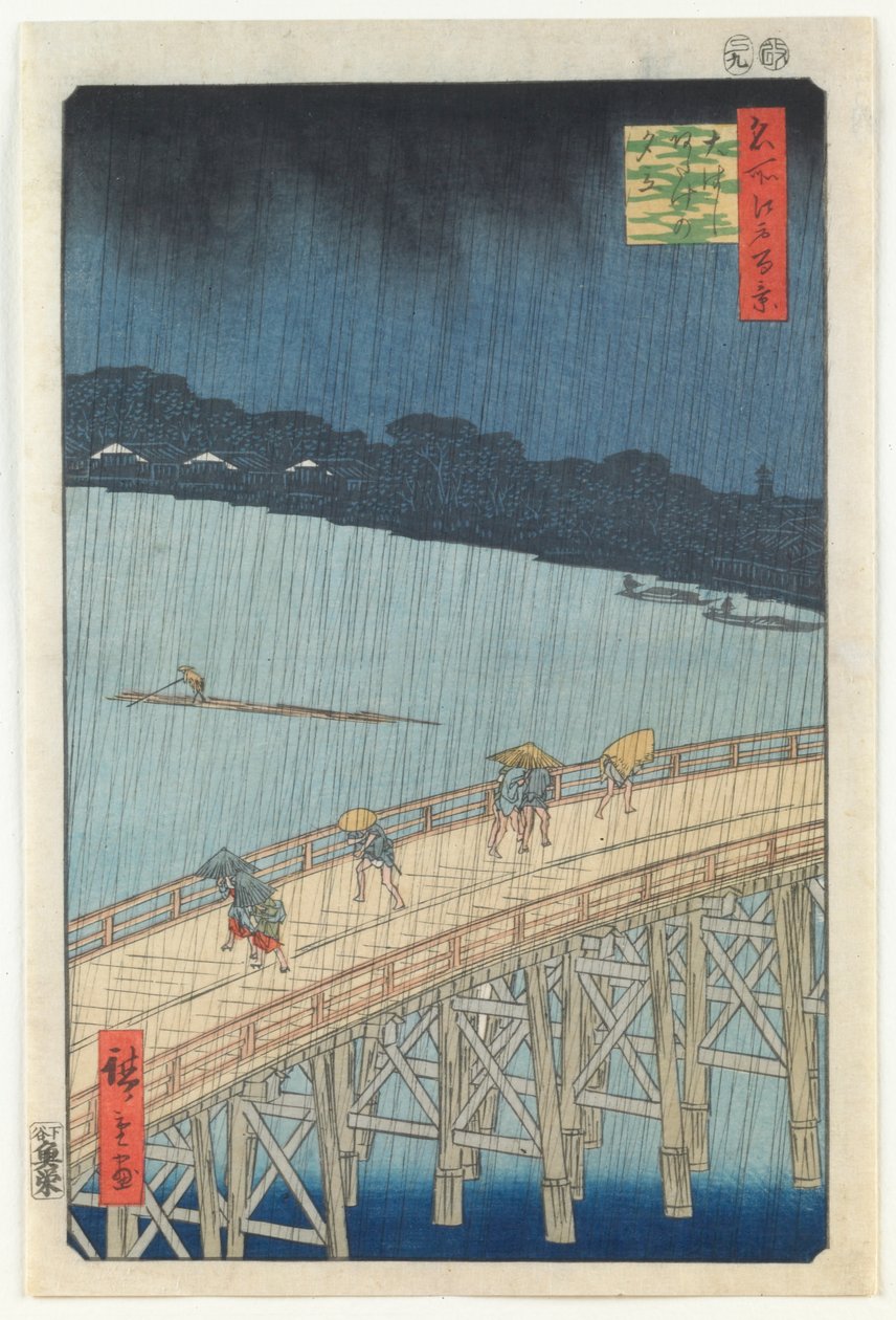 Sudden Shower Over Ōhashi Bridge and Atake, fra serien «One Hundred Famous Views of Edo» av Utagawa Hiroshige