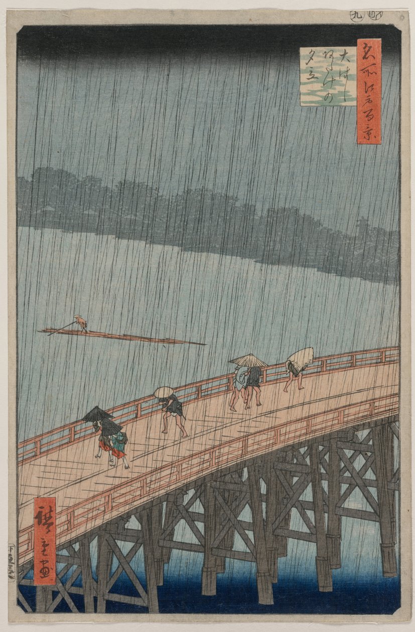 Sudden Shower over Shin-Ōhashi Bridge og Atake, fra serien One Hundred Famous Views of Edo av Utagawa Hiroshige