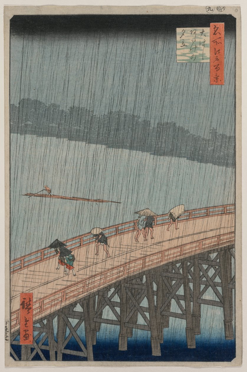 Sudden Shower over Shin-Ōhashi Bridge og Atake, fra serien One Hundred Famous Views of Edo av Utagawa Hiroshige