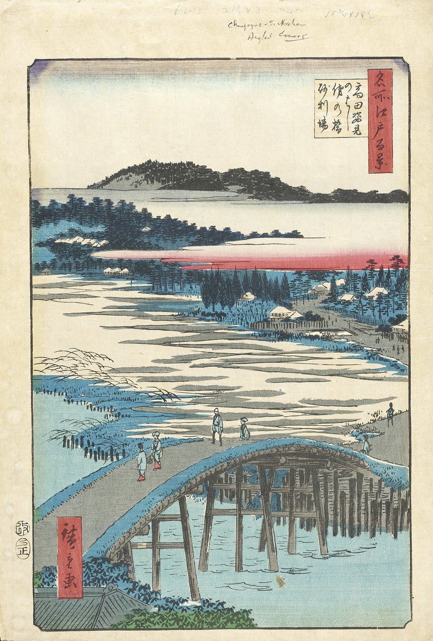 Sugatami-broen, Omokage-broen og Jariba ved Takata av Utagawa Hiroshige