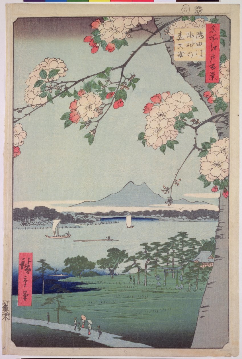 Suigin Grove og Masaki, ved Sumida-elven, fra "One Hundred Famous Views of Edo (Tokyo)", 1856 av Utagawa Hiroshige
