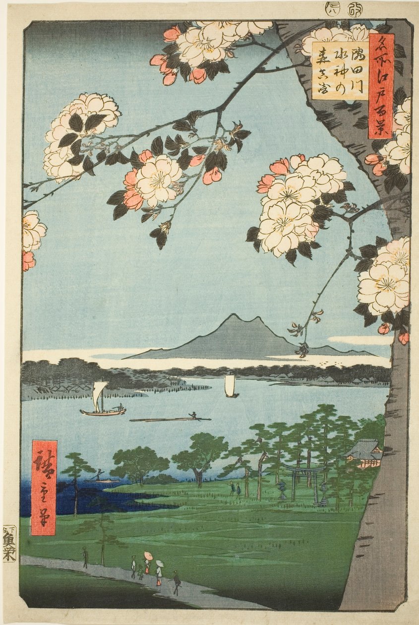 Suijin Shrine draft d first sound te sumida rive r (sumida river suijin no mori first), fra seriens ``Ridge d red fa net s views f edo (ett hundre visninger av Edo)