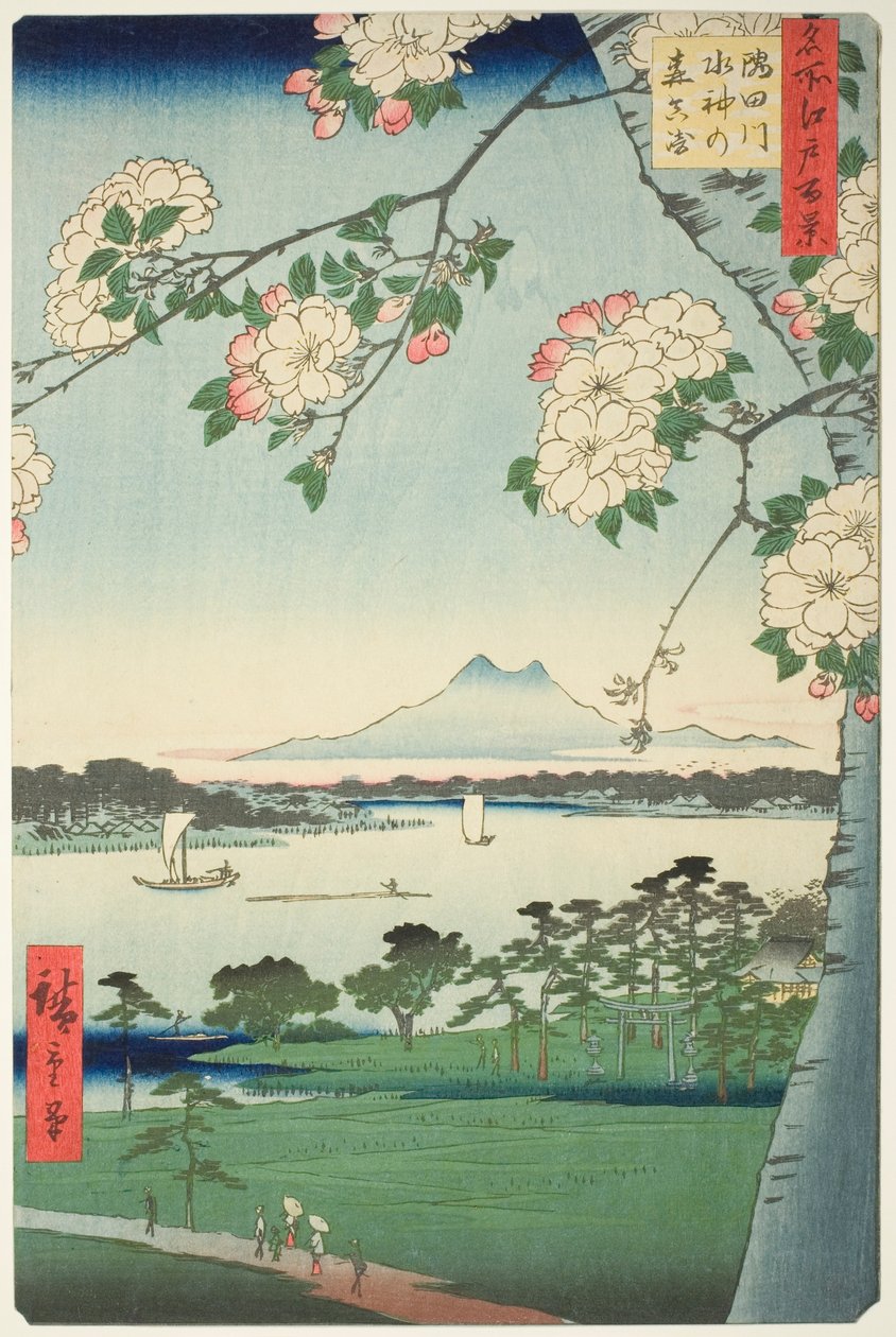 Suijin Shrine d første lyd te Rive Sumida (Sumida River Suijin no mori first), fra seriens ``Ridge dre d fa net views f Edo (One Hundred Famous Views of Edo)