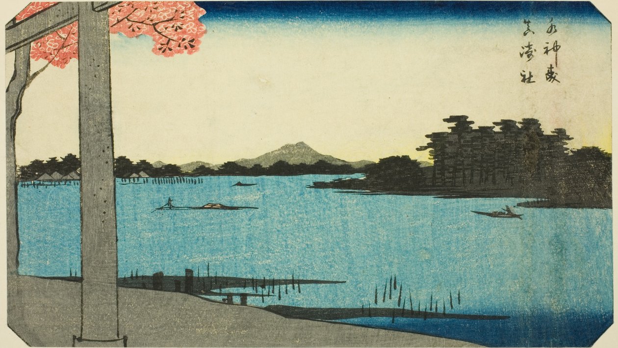 Suijin Woods and the Shrine at Massaki (Suijin no mori, Massaki yashiro), del av et ark fra serien "Cutout Pictures of Famous Places in Edo (Edo meisho harimaze zue)" av Utagawa Hiroshige