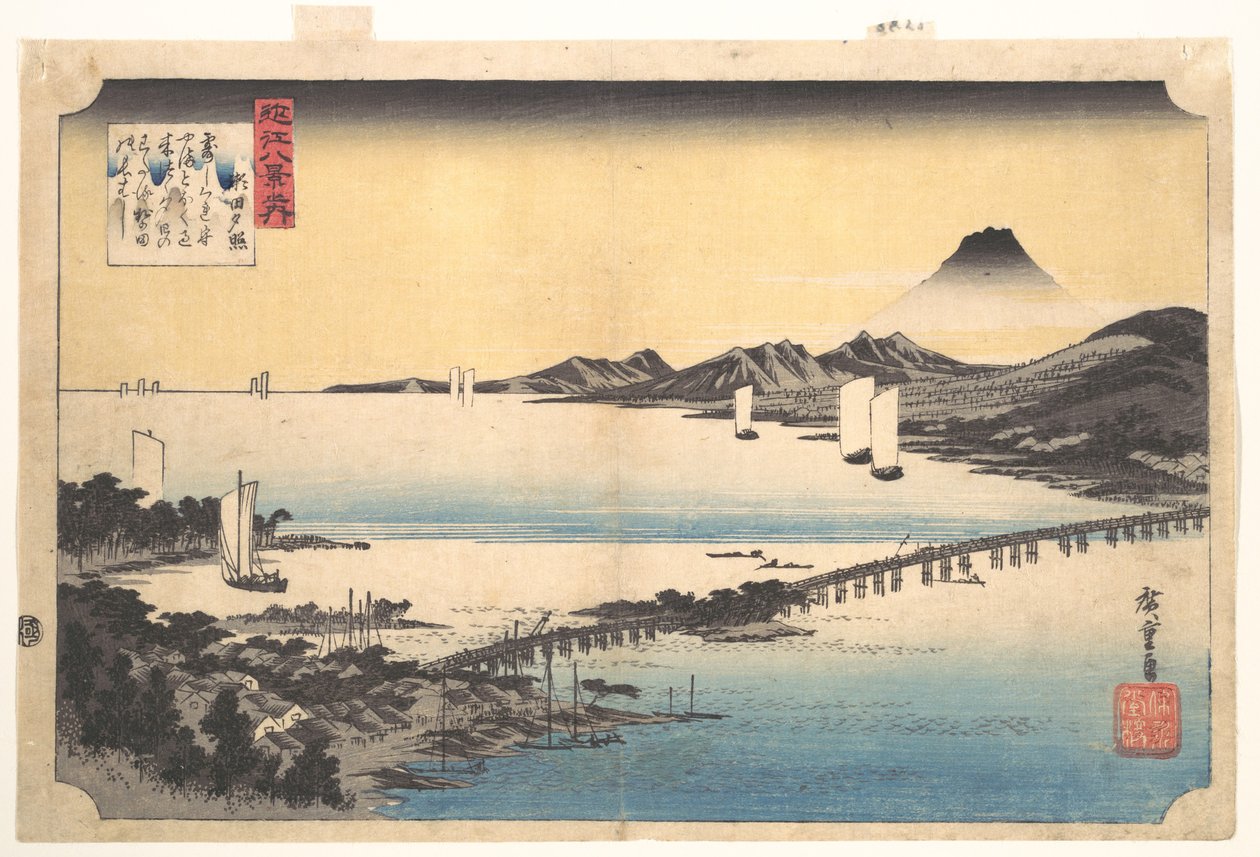 Solnedgangsglød ved Seta (Seta sekishō), fra serien Åtte utsikter over Ōmi-provinsen (Ōmi hakkei) av Utagawa Hiroshige