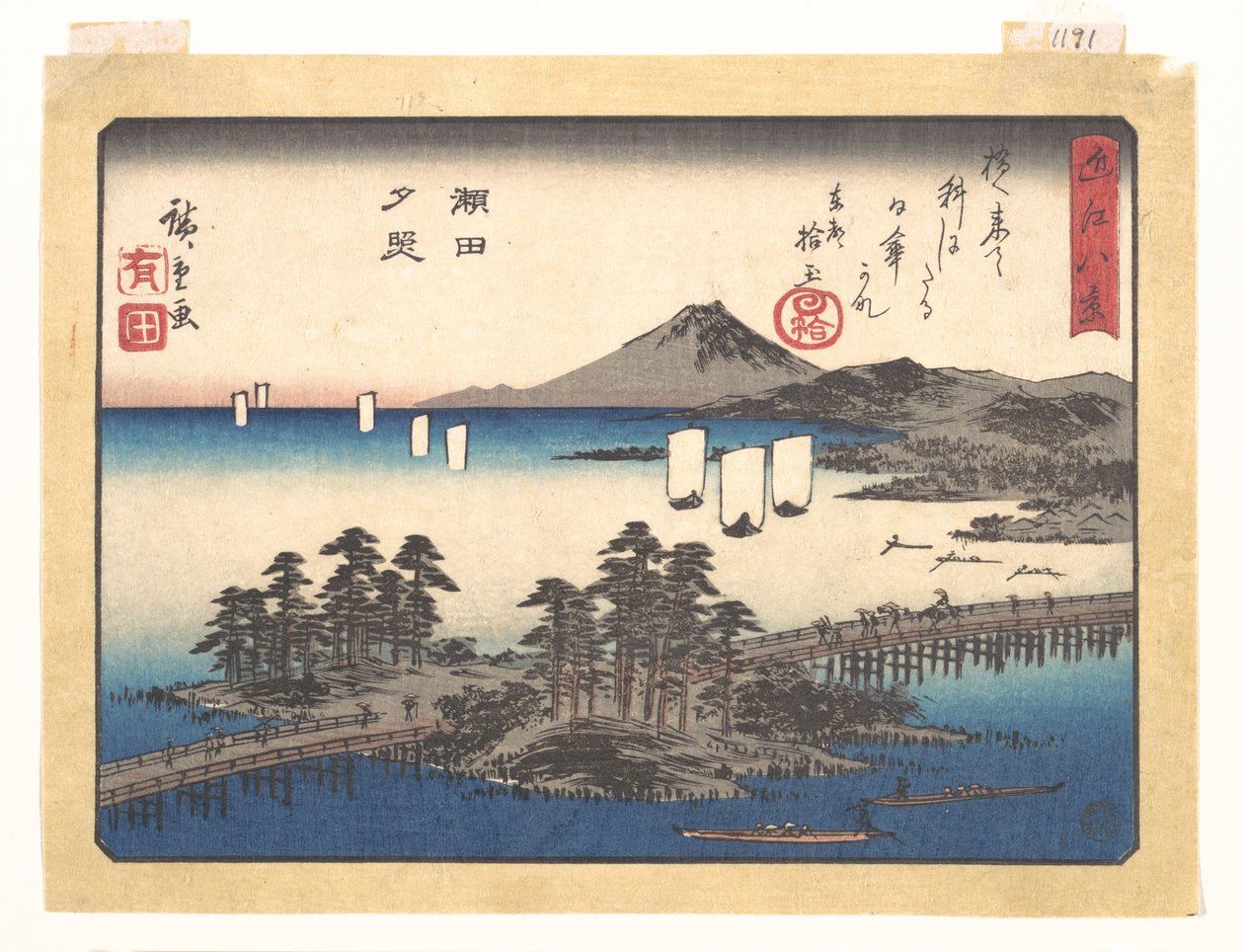 Solnedgangsglød ved Seta, fra serien Åtte utsikter over Ōmi av Utagawa Hiroshige